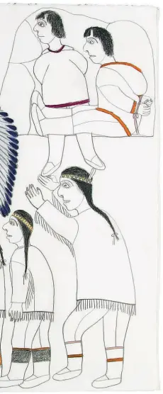  ??  ?? Janet Kigusiuq (1926-2005 Qamani’tuaq) Indians Celebratin­g the Capture of Inuit 1981 Coloured pencil and graphite
56.5 x 76.1 cm Art Gallery of Ontario Gift of Samuel and Esther Sarick Courtesy Sanavik Co-operative Associatio­n Limited/ Canadian Arctic...