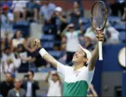  ?? JASON DECROW — THE ASSOCIATED PRESS ?? Kei Nishikori celebrates after defeating Marin Cilic during the quarterfin­als of the U.S. Open, Wednesday in New York.