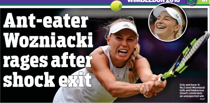 ?? PA/AP ?? Grin and bear it: No2 seed Wozniacki toils and Makarova (inset) celebrates an unexpected win