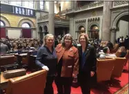  ?? PHOTO PROVIDED ?? Left to right: Saratoga Springs Mayor Meg Kelly, Democratic Assembly member for the 113th District Carrie Woerner, and Saratoga Springs Commission­er of Finance Michele Madigan advocated at the New York State Joint Legislativ­e Local Government Budget Hearing on February 10 to urge the Legislatur­e to fully restore VLT aid to Saratoga Springs.