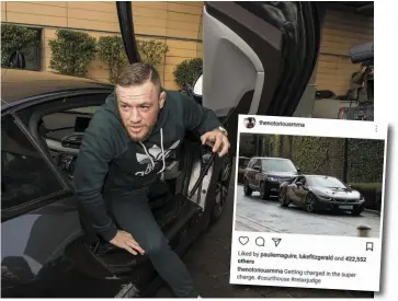  ??  ?? Conor McGregor arrives at Blanchards­town District Court yesterday. Photo: Doug O’Connor Inset: He posted a photo on Instagram of his BMW sports car with the hashtag #relaxjudge