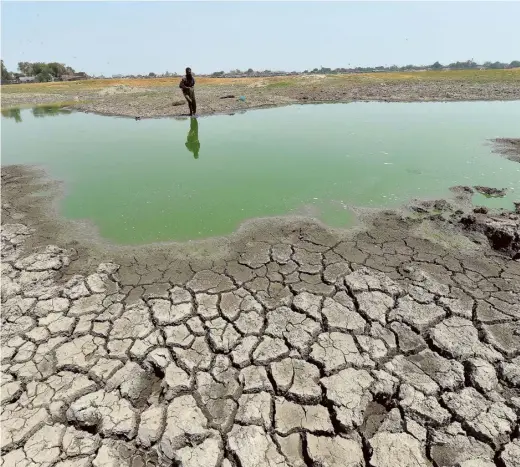  ?? VIJAY SONEJI ?? Parched land: A local fisherman at the Chandola Lake in Ahmedabad on April 9.