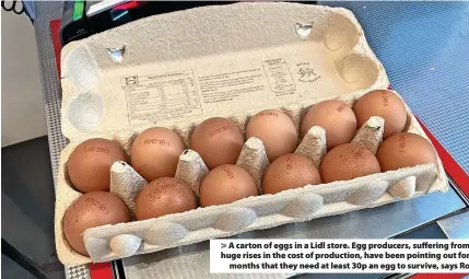  ?? ?? > A carton of eggs in a Lidl store. Egg producers, suffering from huge rises in the cost of production, have been pointing out for months that they need at least 30p an egg to survive, says Ro