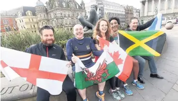  ??  ?? >
Adam Guy, representi­ng England, Graham Williams (Wales), Alison Fox (Canada), Thomas Glave (Jamaica) and Ian Stewart (Scotland) meet up in Victoria Square