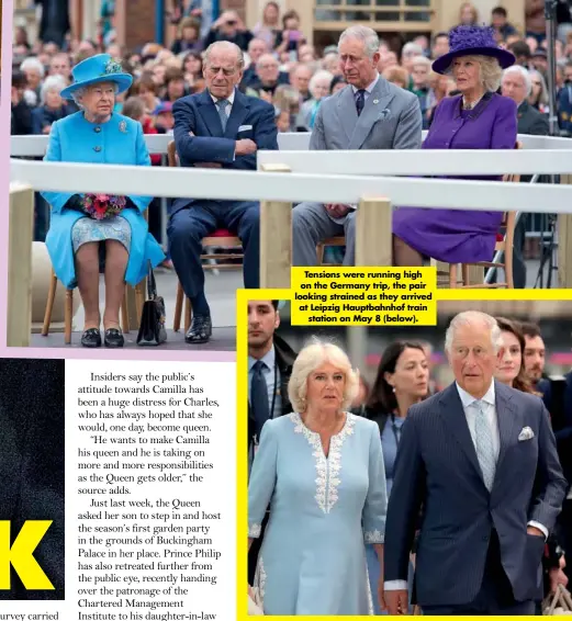  ??  ?? Tensions were running high on the Germany trip, the pair looking strained as they arrived at Leipzig Hauptbahnh­of train station on May 8 (below).