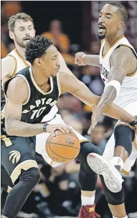  ?? AP PHOTO ?? Toronto Raptors’ DeMar DeRozan (left) drives past Cleveland Cavaliers’ J.R. Smith during Game 2 of a second-round NBA playoff series Wednesday in Cleveland.