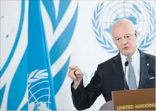  ?? JEAN-CHRISTOPHE BOTT THE ASSOCIATED PRESS ?? UN Special Envoy of the Secretary-General for Syria, Staffan de Mistura, attends a news conference in Geneva, Switzerlan­d on Tuesday.