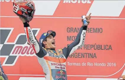  ?? FOTO: REPSOLMEDI­A ?? Marc Márquez, dos victorias y dos caídas en sus cuatro carreras en Argentina Honda visita uno de sus circuitos favorables