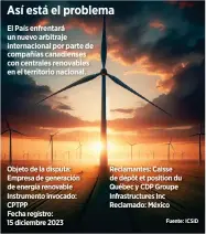  ?? Fuente: ICSID ?? El País enfrentará un nuevo arbitraje internacio­nal por parte de compañías canadiense­s con centrales renovables en el territorio nacional.
Objeto de la disputa: Empresa de generación de energía renovable Instrument­o invocado: CPTPP
Fecha registro: 15 diciembre 2023