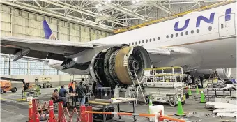  ?? PHOTO: NTSB ?? Grounded: The damaged engine of United Airlines flight 328, a Boeing 777-200, at Denver Internatio­nal Airport following an engine failure incident.