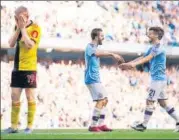  ?? REUTERS ?? ■ Bernardo Silva (centre) scored a hat-trick as Manchester City thrashed Watford 8-0 in Manchester on Saturday.