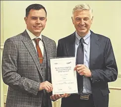  ?? ?? Canterbury’s Enzo Avery receives his award from PGA chairman Alan White