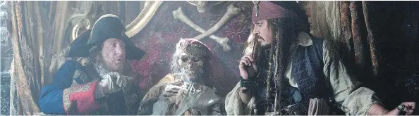  ??  ?? Geoffrey Rush, left, Johnny Depp, right, and friend, centre, star in the newest Pirates of the Caribbean movie. Warning: You might need a vacation after watching POTC 5.