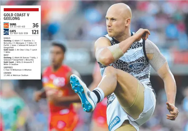  ?? Picture: AAP ?? Geelong’s Gary Ablett kicks the Cats forward in the Round 11 AFL match against the Gold Coast Suns at Metricon Stadium yesterday