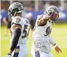  ?? KIM HAIRSTON/BALTIMORE SUN ?? Matthew Judon, right, with Tyus Bowser, strikes a pose in training camp Friday. Judon doubled his sack total to eight last season and increased his tackles total from 27 to 60.