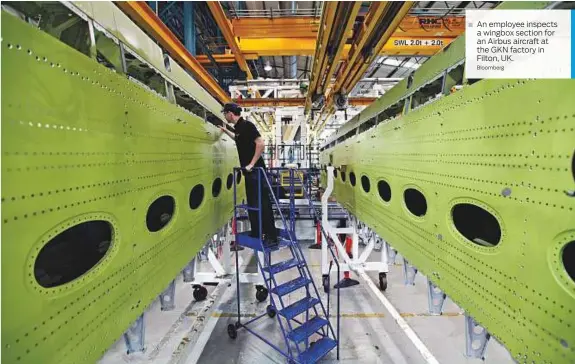  ?? Bloomberg ?? An employee inspects a wingbox section for an Airbus aircraft at the GKN factory in Filton, UK.