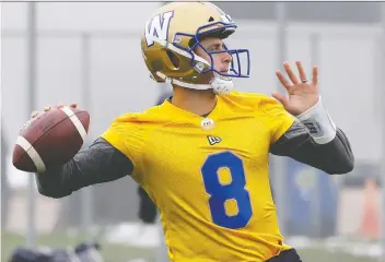  ?? KEVIN KING ?? Quarterbac­k Zach Collaros has been chosen to make just his second start as a Blue Bomber in Sunday’s West Division semifinal on Sunday in Calgary.