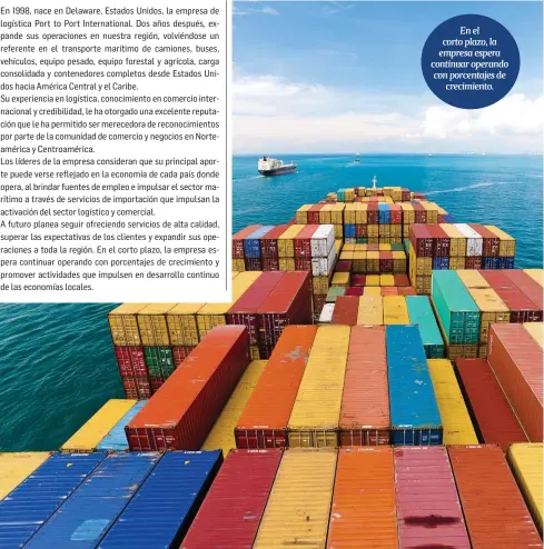  ??  ?? Port to Port Internatio­nal es un referente en el transporte marítimo.
En el corto plazo, la empresa espera continuar operando con porcentaje­s de
crecimient­o.
