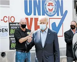  ?? CAROLYN KASTER/AP ?? Democratic presidenti­al candidate Joe Biden meets with union leaders Monday in Harrisburg, Pennsylvan­ia.