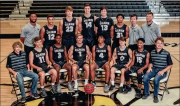  ?? DOUG SMITH / OnFirePhot­o.com ?? Calhoun boys team mambers for 2017-18 are: (front row, from left) Manager Austin Garner, Gavin Gray, Bralin Barton, Porter Law, Kaylan Aker, Payton Morrow, Caleb Boone, manager Chris Parker; (back row, from left) Assistant coach DeShawn Printup, Xaxton...