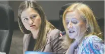  ?? GREG SOUTHAM ?? Edmonton Public Schools board of trustees chairperso­n Julie Kusiek, left, listens to vice-chairperso­n Jan Sawyer Tuesday during a special meeting to discuss the role of police in public schools.