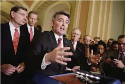  ??  ?? WASHINGTON: Sen Cory Gardner, R-Colo (center) joined by (from left) Sen John Barrasso, R-Wyo, Sen John Thune, R-SD and Senate Majority Leader Mitch McConnell of Ky speaks during a news conference on Capitol Hill in Washington. — AP