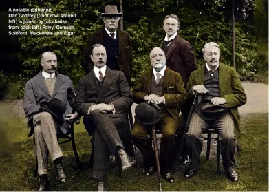  ??  ?? A notable gathering:
Dan Godfrey (front row, second left) is joined by (clockwise from back left) Parry, German, Stanford, Mackenzie and Elgar