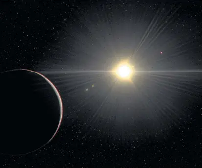  ??  ?? Ein Blick vom äußersten der sechs Planeten um TOI 178 auf sein Gestirn. Astronomen entdeckten das außergewöh­nliche System mithilfe von Teleskopen im All und am Paranal-Observator­ium in Chile.