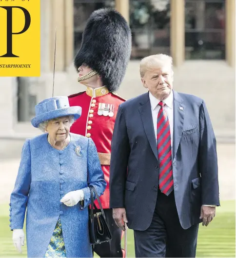  ?? RICHARD POHLE / WPA POOL / GETTY IMAGES ?? U.S. President Donald Trump and Queen Elizabeth inspect a Guard of Honour at Windsor Castle on Friday. Her Majesty welcomed the president and first lady Melania Trump for tea at the castle as part of an official visit that was marked by huge protests and diplomatic faux pas.