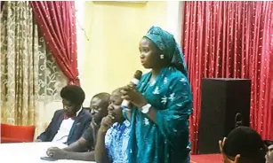  ??  ?? New ANA Abuja chairperso­n, Halima Usman addressing the congress after being sworn into office. She is flanked by her new EXCO