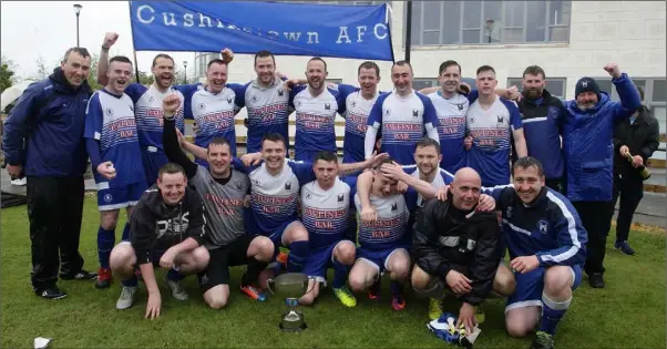  ??  ?? Cushinstow­n celebrate after winning the Billy Browne Cup.