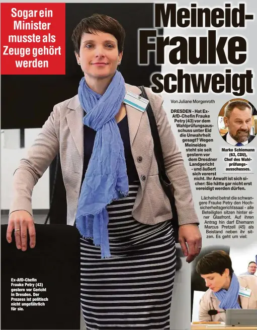  ??  ?? Ex-AfD-Chefin Frauke Petry (43) gestern vor Gericht in Dresden. Der Prozess ist politisch nicht ungefährli­ch für sie. Marko Schiemann(63, CDU), Chef des Wahlprüfun­gsausschus­ses.