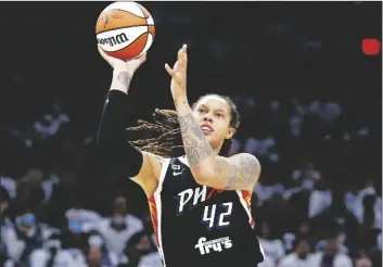  ?? RALPH FRESO/AP ?? Phoenix Mercury center Brittney Griner (42) shoots during the first half of Game 1 of the WNBA basketball Finals against the Chicago Sky, on Oct. 10, 2021, in Phoenix.