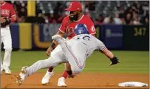  ?? Mark J. Terrill Associated Press ?? KOLE CALHOUN dives as he steals second ahead of a tag by Angels second baseman Luis Rengifo in the seventh inning.