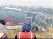  ?? ANI ?? The bus rammed the stationary truck, lost balance and fell into a ditch, said police officers.