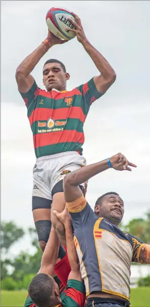  ??  ?? Army’s Meli Derenalagi (with ball in hand) wins a lineout throw against Dominion Brothers during the Fiji Rugby Union’s Super Sevens Series at Sigatoka’s Lawaqa Park on January 22, 2021. Photo: Leon Lord