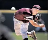  ?? NWA Democrat- Gazette/ BEN GOFF ?? Texas A& M pitcher Kyle Simonds allowed 8 hits and gave up 2 earned runs while striking out 5 in a complete game to lead the No. 2- ranked Aggies to a 6- 2, series- clinching victory over Arkansas in front of 6,081 at Baum Stadium in Fayettevil­le.