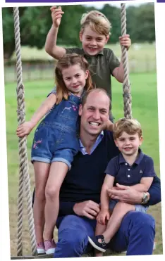  ??  ?? Smiles: Father and children pose for mum’s camera on a swing, a gift from Prince Charles