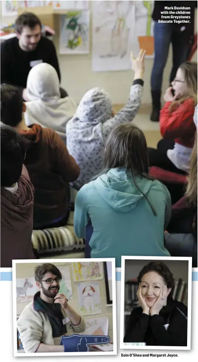  ??  ?? Mark Davidson with the children from Greystones Educate Together. Eoin O’Shea and Margaret Joyce.