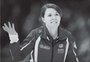  ?? Canadian Press photo ?? Alberta skip Casey Scheidegge­r reacts to a throw while taking on Newfoundla­nd at the Scotties Tournament of Hearts in Penticton, B.C., on Monday.