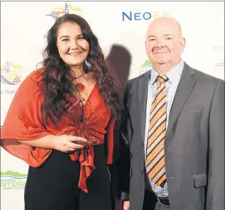  ??  ?? RISING STAR: Alyssa Heard from Chalambar Golf and Bowls Club won apprentice-trainee of the year at Grampians Pyrenees Business Awards. She is pictured with sponsor Kurt Frooninckx from Skillinves­t.
Picture: PAUL CARRACHER