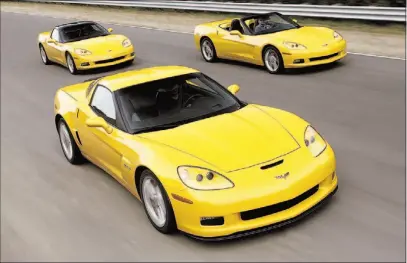  ??  ?? The 2006 Chevrolet Corvette Z06, foreground, with the Corvette Coupe, left rear, and Convertibl­e models.