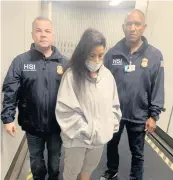  ?? Homeland Security Investigat­ions ?? Homeland Security Investigat­ions special agents escort former Venezuelan national treasurer Claudia Patricia Díaz Guillén out of Miami Internatio­nal Airport on Thursday night after her flight arrived from Spain.