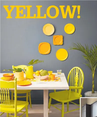  ?? Photo / Melanie Jenkins ?? Left, bold accents of yellow brighten this dining room project by Claudia Kozub. She used Resene Wild Thing, Bright Lights and Teddy against a wall of Quarter Foundry.