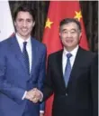  ??  ?? Prime Minister Justin Trudeau and Chinese Vice-Premier Wang Yang at the 2017 Fortune Global Forum.