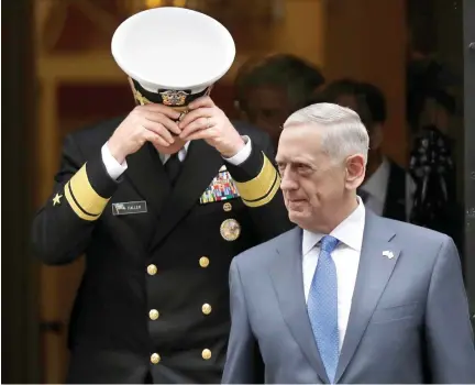  ??  ?? US Defense Secretary James Mattis leaves after visiting British Prime Minister Theresa May at 10 Downing Street in London, Friday. (AP)