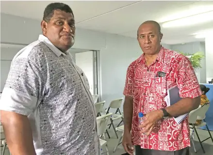  ?? Photo: Anasilini Ratuva ?? From left: Fiji Rugby Union CEO John O’Connor and Rewa Rugby Union president Ro Filipe Tuisawau after the FRU special general meeting at the ANZ Stadium’s corporate booth in Suva on October 28, 2017.