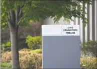  ?? Tyler Sizemore / Hearst Connecticu­t Media ?? Purdue Pharma-branded signs have been taken down outside Purdue Pharma’s headquarte­rs at 201 Tresser Blvd. in downtown Stamford. This street marker still has the tracing of the company’s logo.