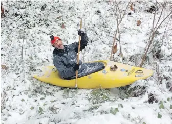  ??  ?? Above: Brad Armstrong tests his kayak on the hills and trails of Mount Douglas Park on Tuesday. “It worked great, and I had a blast,” he says.