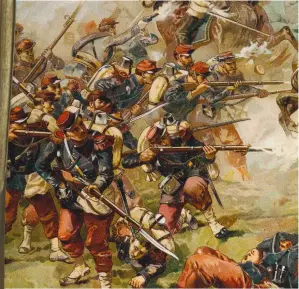  ??  ?? LEFT: Heavy cuirassier­s attack bayonet-armed infantry near Mars-latour in 1870 during the Franco-prussian WarFAR LEFT: A French pattern 1866 Chassepot bayonet